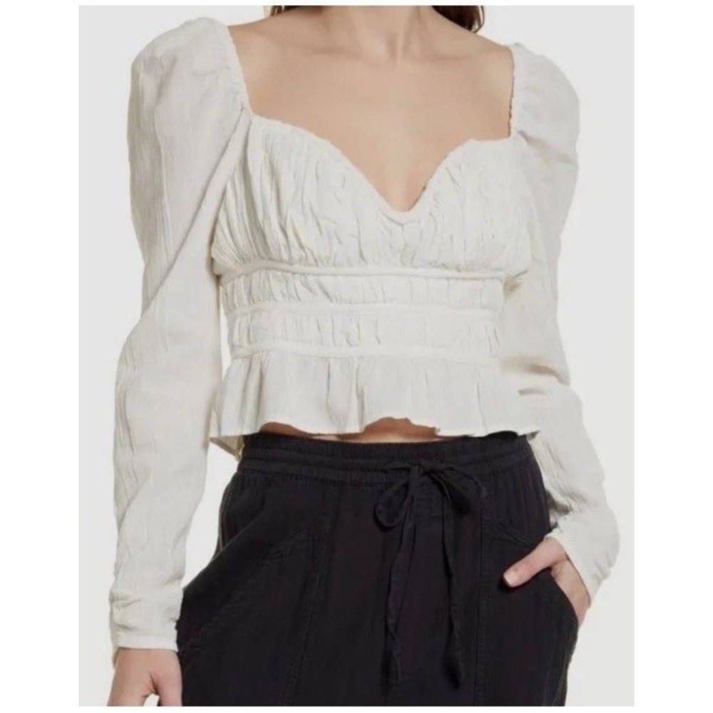 $99 Free People Women's White Chloe Smocked Tie Neck Cotton Blouse Top Size M